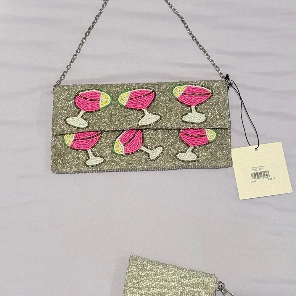 Rachel Zoe Silver Beaded Clutch with Pink Cocktail Motif w/ coin pouch